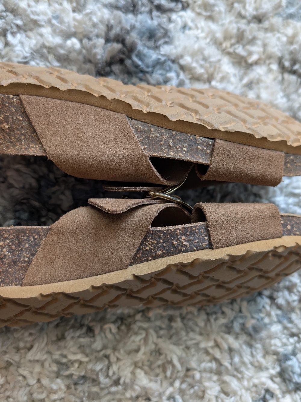 Brown Suede Slide Sandals with Gold Buckle - Picture 14 of 17